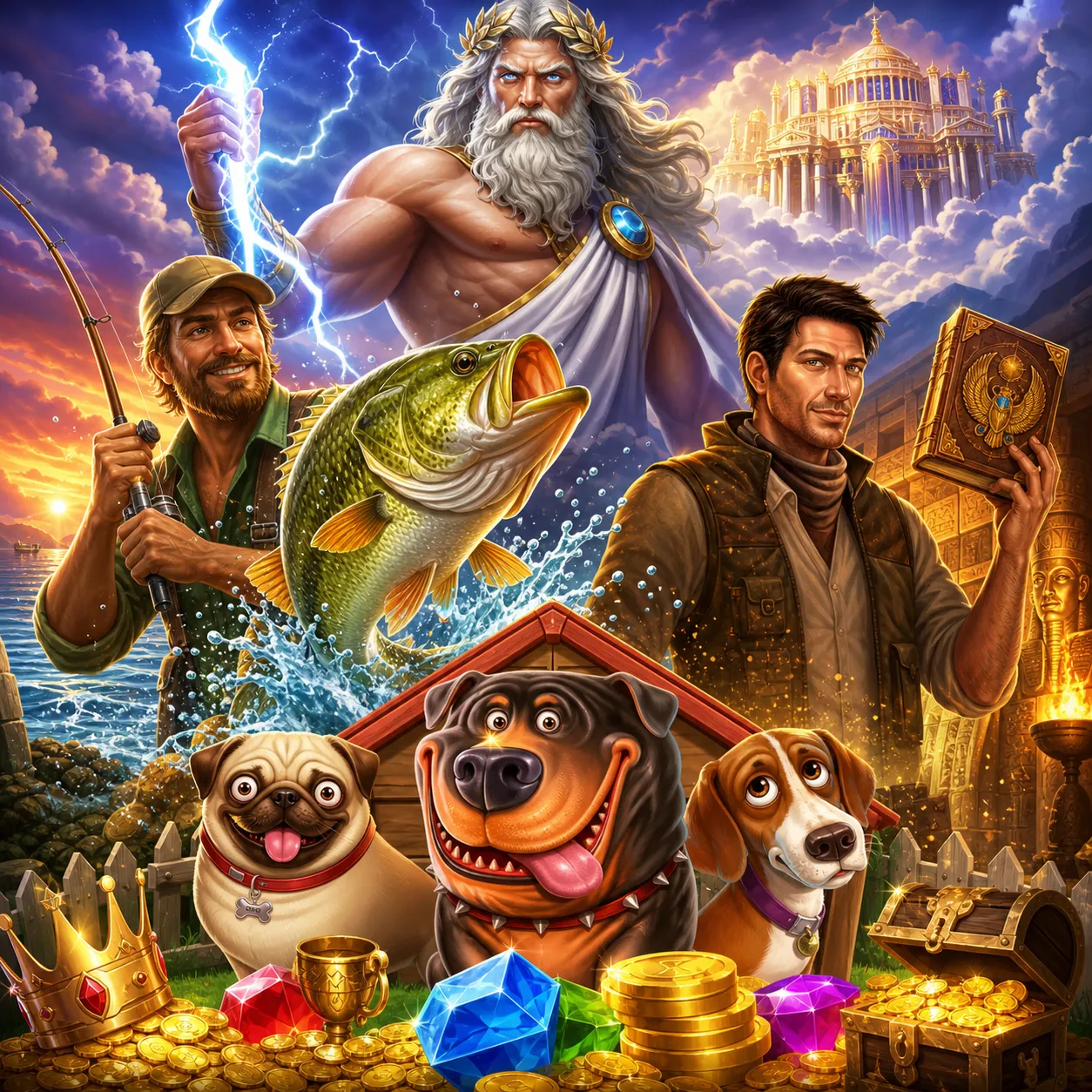 Vibrant scene with slot game characters, featuring a mythological god, fisherman, and playful dogs in an immersive fantasy wo